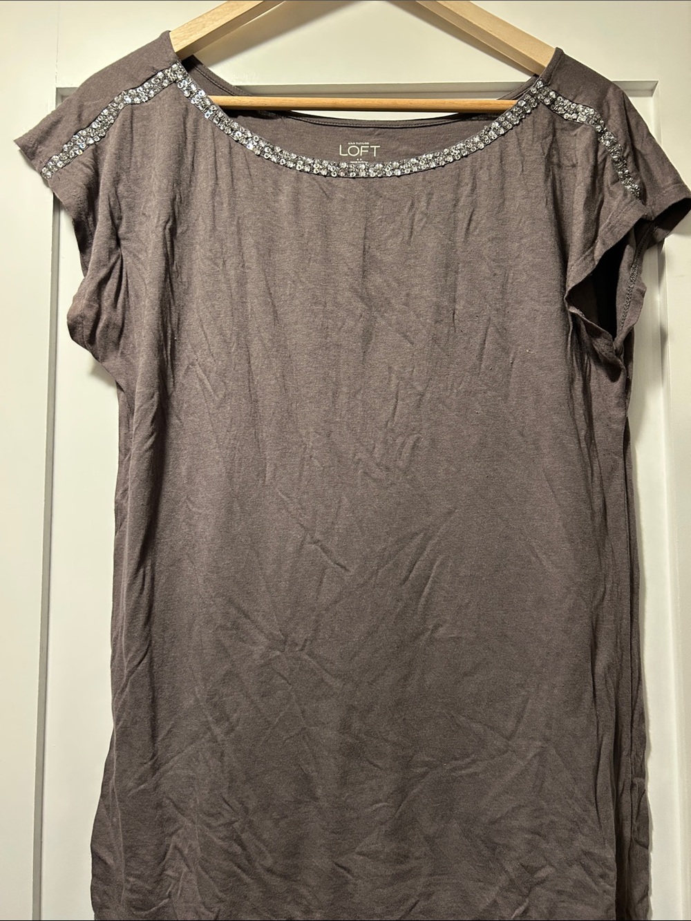 LOFT Taupe Cap-Sleeve Top with Silver Embellished Neckline